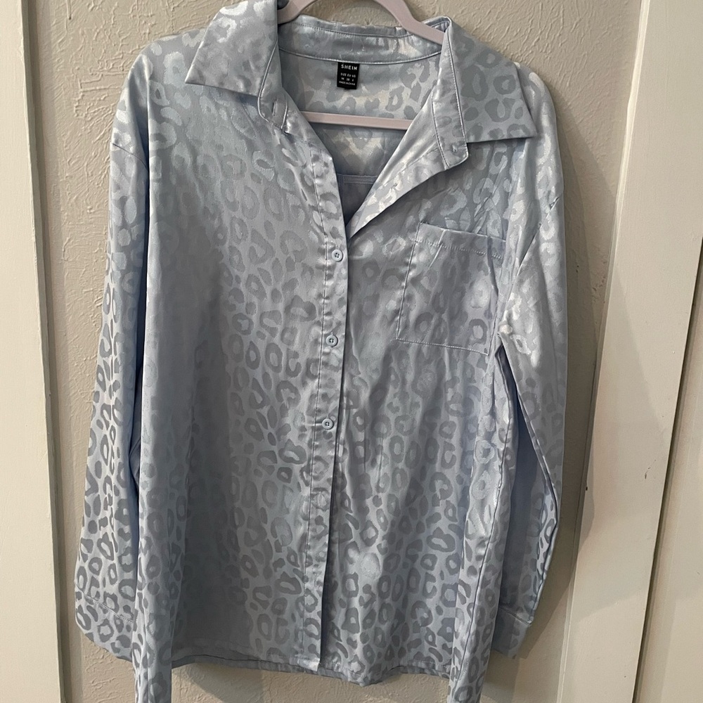 SHEIN Blue Button Down Shirt with Animal Print